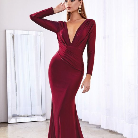 NEW BIRGUNDY V-Neck Mermaid Shape Satin Prom Dress CD0168 - Picture 8 of 8